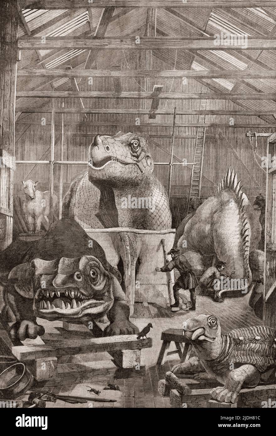 Animali Antigiluviani. I modelli dinosauri in costruzione presso lo studio di Benjamin Waterhouse Hawkins a Sydenham, Londra, Inghilterra, c.. 1853. Da l'Univers Illustre, pubblicata Parigi, 1859 Foto Stock