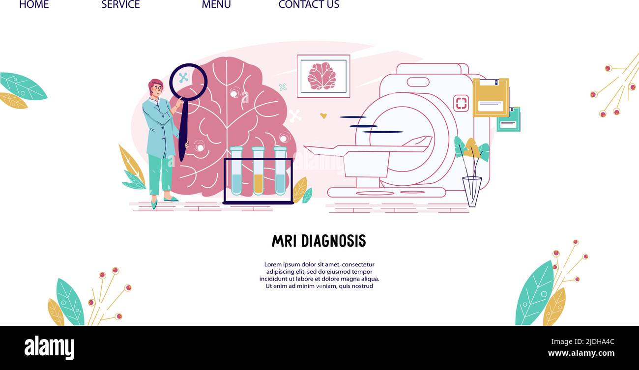 Banner del sito web sulla diagnostica MRI per la neurologia e la prevenzione delle malattie cerebrovascolari. Pagina web della visita medica del cervello, flat vettore illu Illustrazione Vettoriale