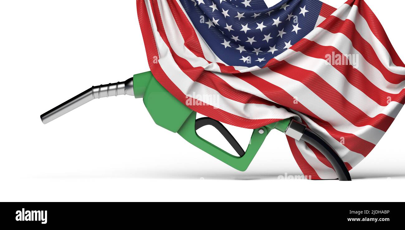 Pompa carburante coperta da una bandiera USA. Concetto di crisi del carburante. 3D rendering Foto Stock
