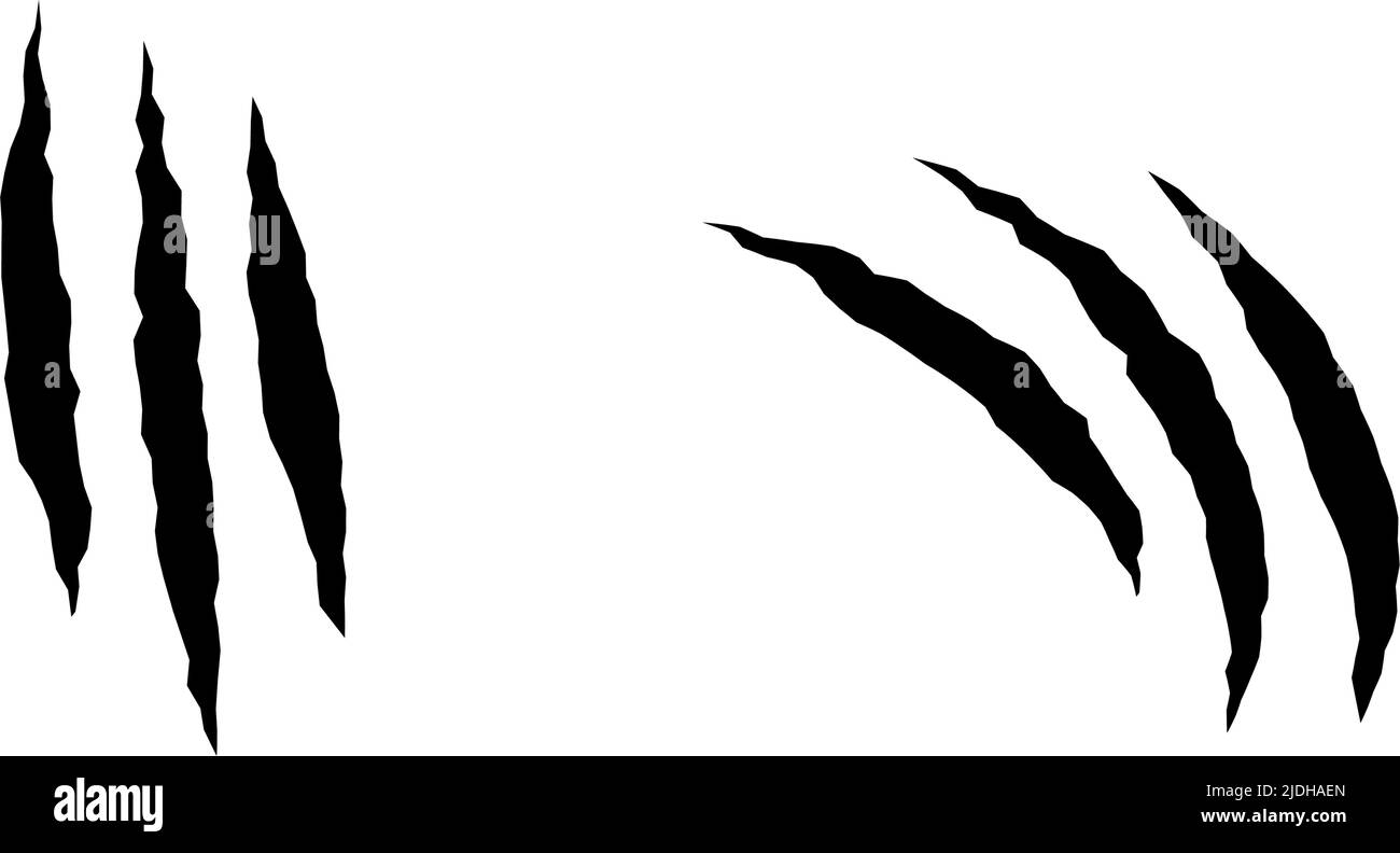 Set di graffi Cat. Artigli neri graffio animale, carta strappata. Tracce di artigli Cat. Illustrazione vettoriale su sfondo nero. Illustrazione Vettoriale