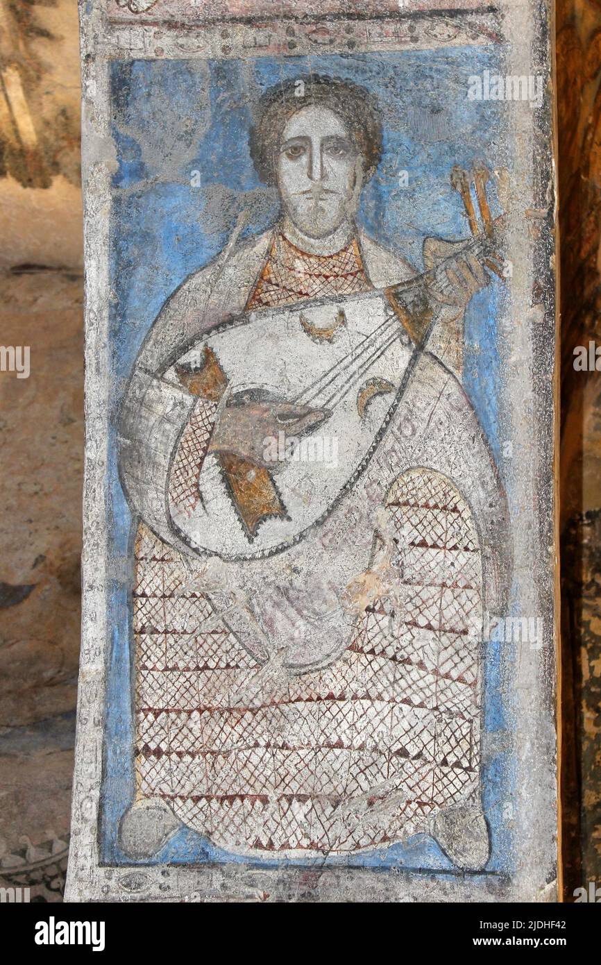 Il musicista fresco on Arch, Sala del pubblico, Qusayr Amra, Giordania Foto Stock