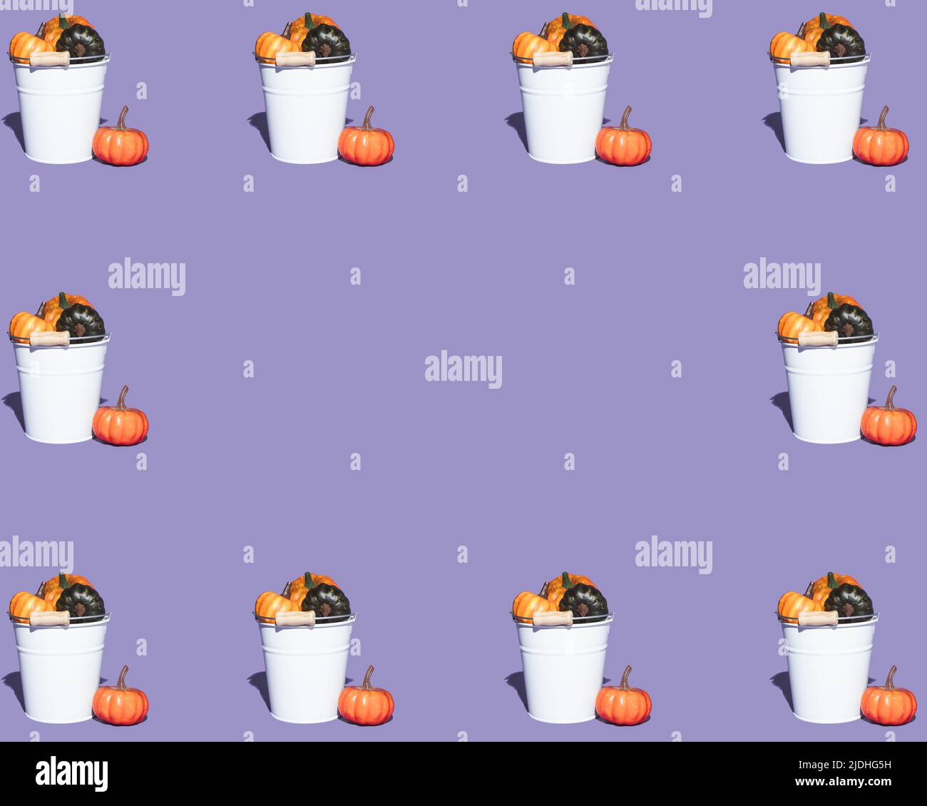 Telaio fatto di secchi bianchi riempiti di coloratissime zucche autunnali su sfondo viola. Concetto stagionale minimo con spazio per le copie. Halloween o Thanksgi Foto Stock Telaio fatto di secchi bianchi riempiti di coloratissime zucche autunnali su sfondo viola. Concetto stagionale minimo con spazio per le copie. Halloween o Thanksgi Foto Stock