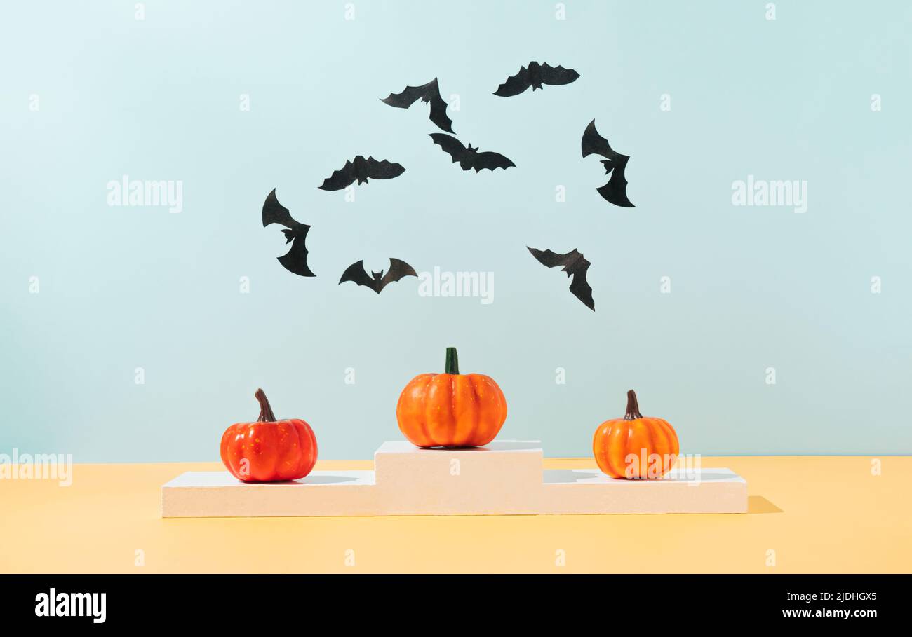 Concetto creativo composto da coloratissime zucche autunnali in piedi sul podio vincente e sulle silhouette dei pipistrelli. Sfondo alla moda di Halloween. Estetica moderna. Foto Stock Concetto creativo composto da coloratissime zucche autunnali in piedi sul podio vincente e sulle silhouette dei pipistrelli. Sfondo alla moda di Halloween. Estetica moderna. Foto Stock
