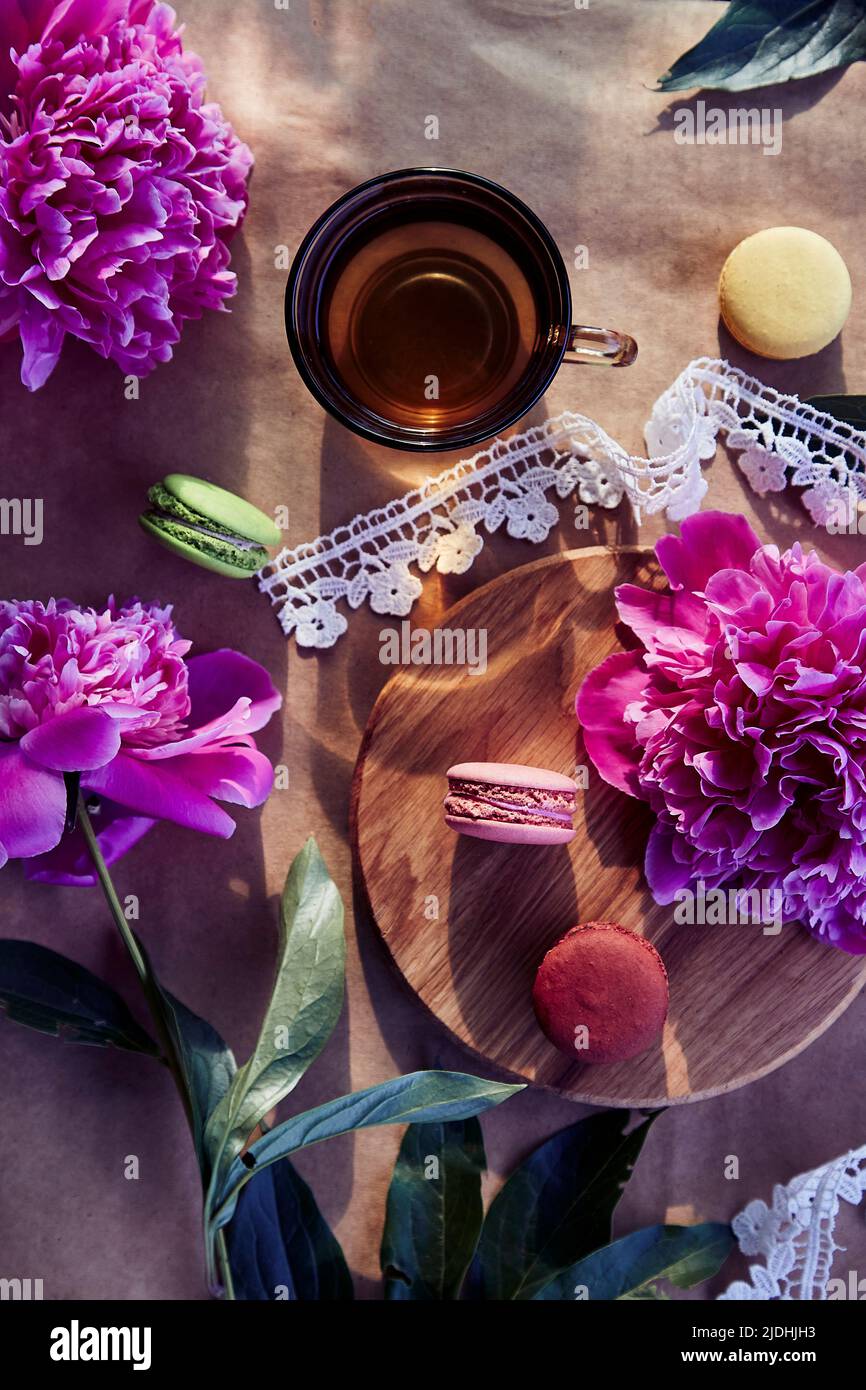 Dessert di macaron luminosi e tè alle erbe tra fiori rosa fioriti di peonia sotto le ombre dure alla moda nella terrazza. Estate estetica, relax, pensieroso, meditativo, stile di vita di buon umore Foto Stock