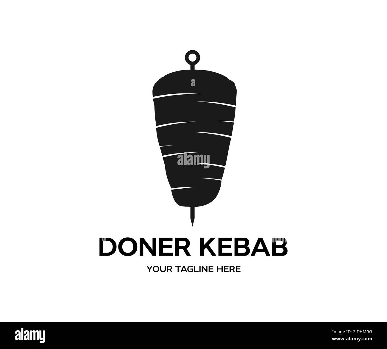 Cucina kebab doner, design con logo della cornice della cucina araba. Ristorante turco fast food, caffè barbecue o grill bar simbolo di spiedo o spit rotante. Illustrazione Vettoriale