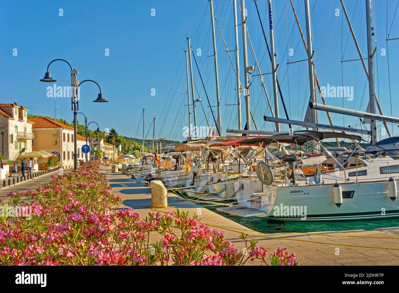 Molo della città di Rogoznica. Una popolare destinazione di pernottamento per gli yacht Cruisers sulla costa centrale della Dalamation in Croazia. Foto Stock