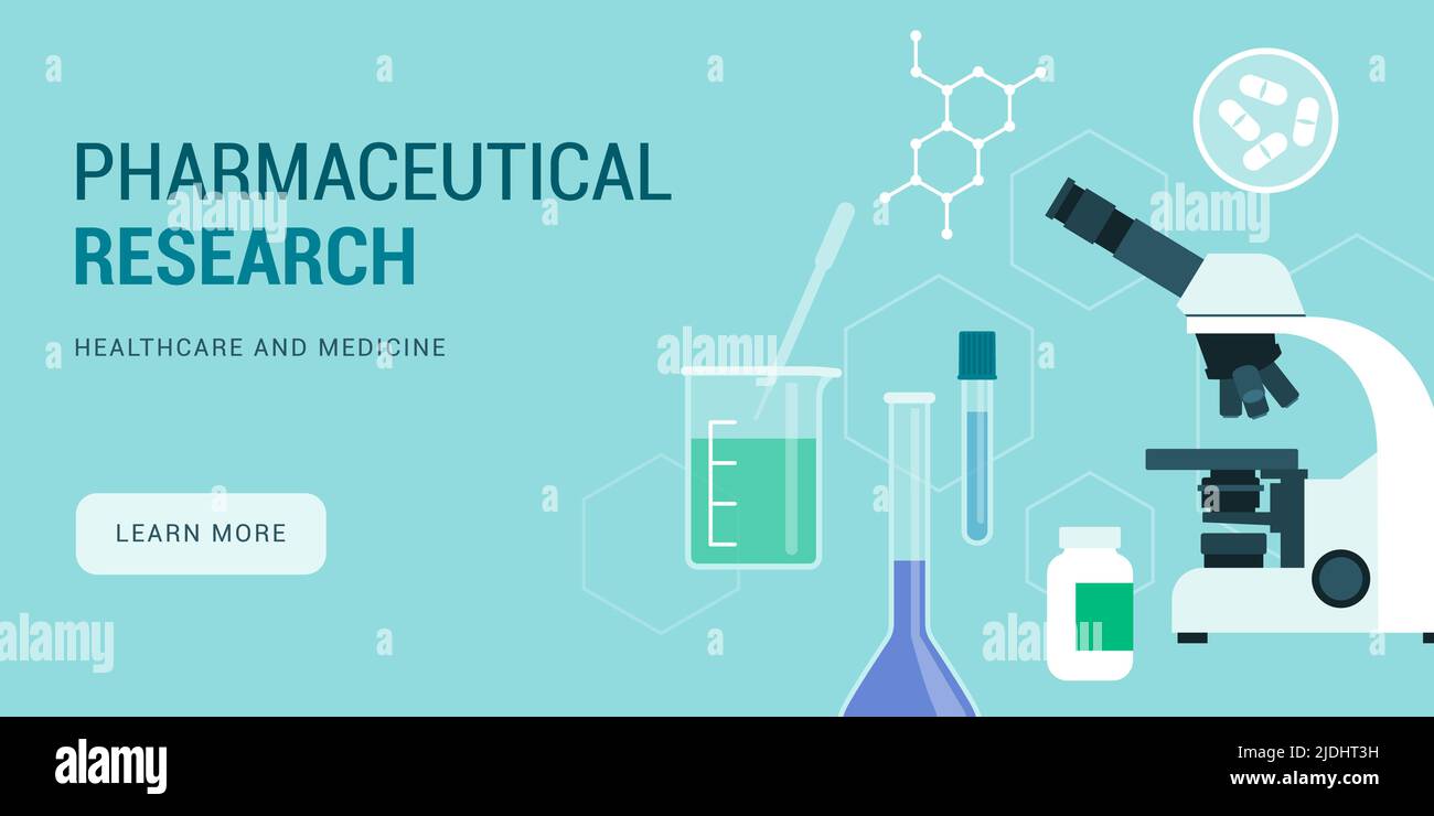 Banner di ricerca farmaceutica, innovazione e sviluppo di farmaci con spazio di copia Illustrazione Vettoriale