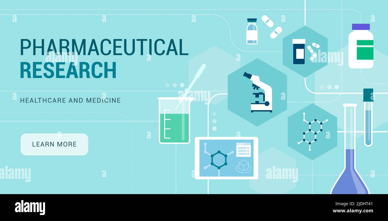 Banner di ricerca farmaceutica, innovazione e sviluppo di farmaci con spazio di copia Illustrazione Vettoriale