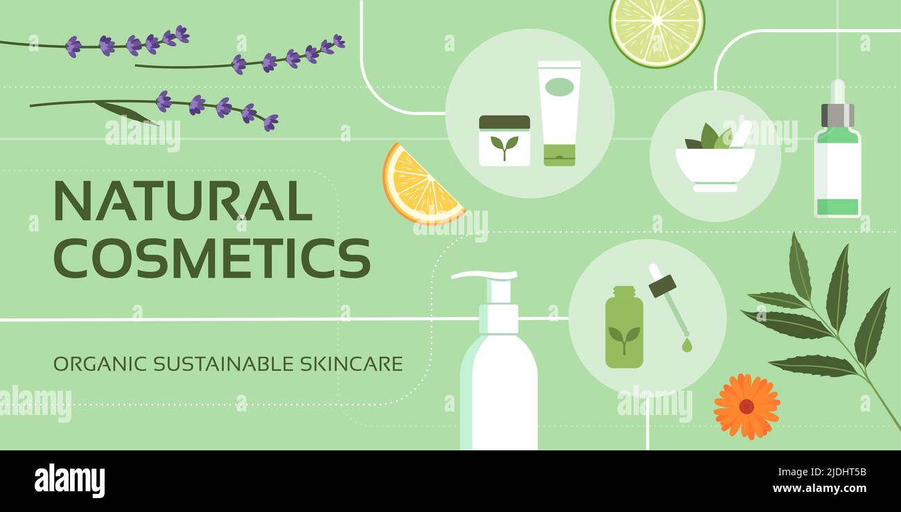 Cosmetici naturali biologici, piante e icone, banner con spazio per la copia Illustrazione Vettoriale