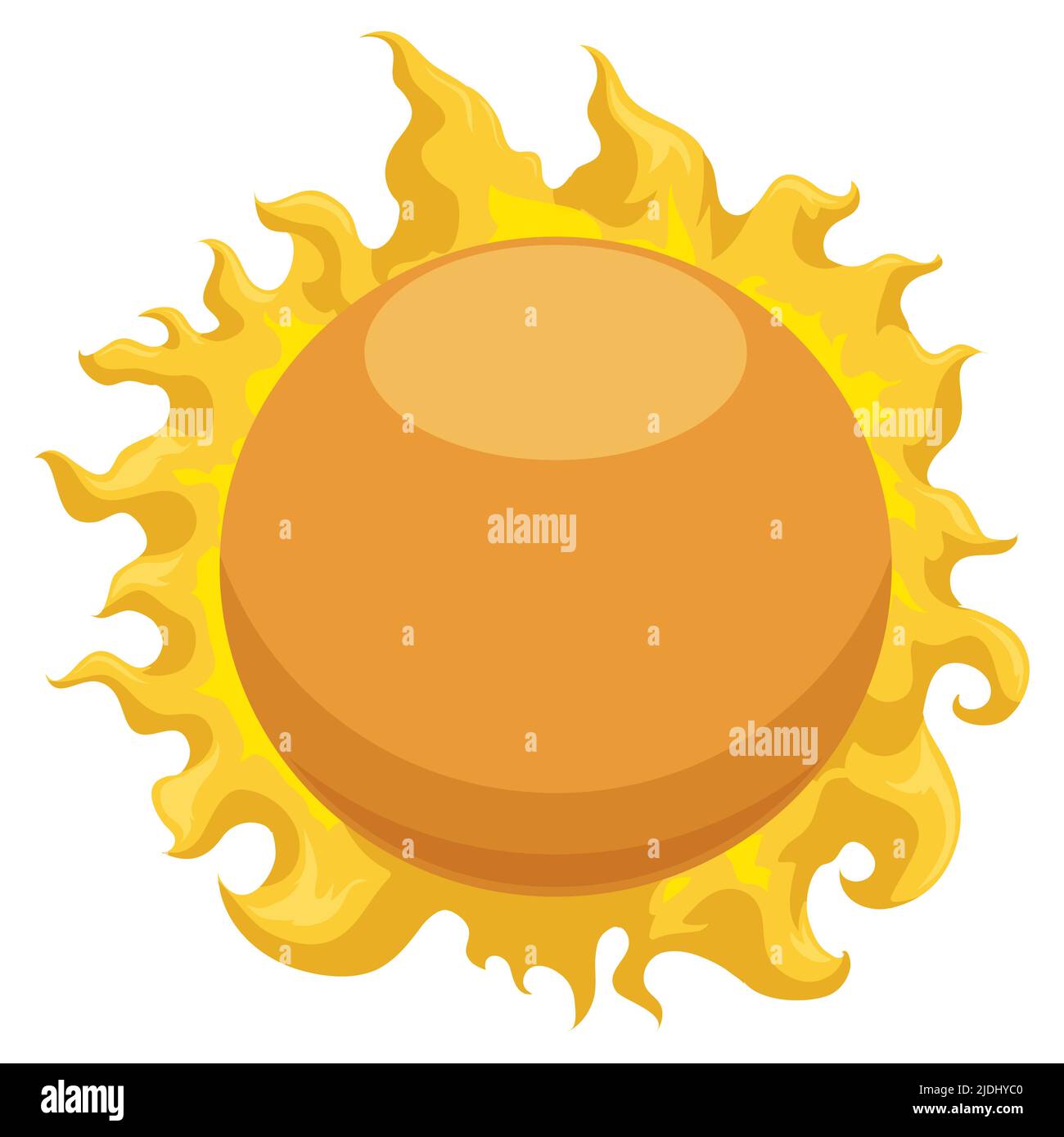 Dima con spazio rotondo sopra il sole luminoso con le fiamme intorno esso. Design in stile cartoon su sfondo bianco. Illustrazione Vettoriale