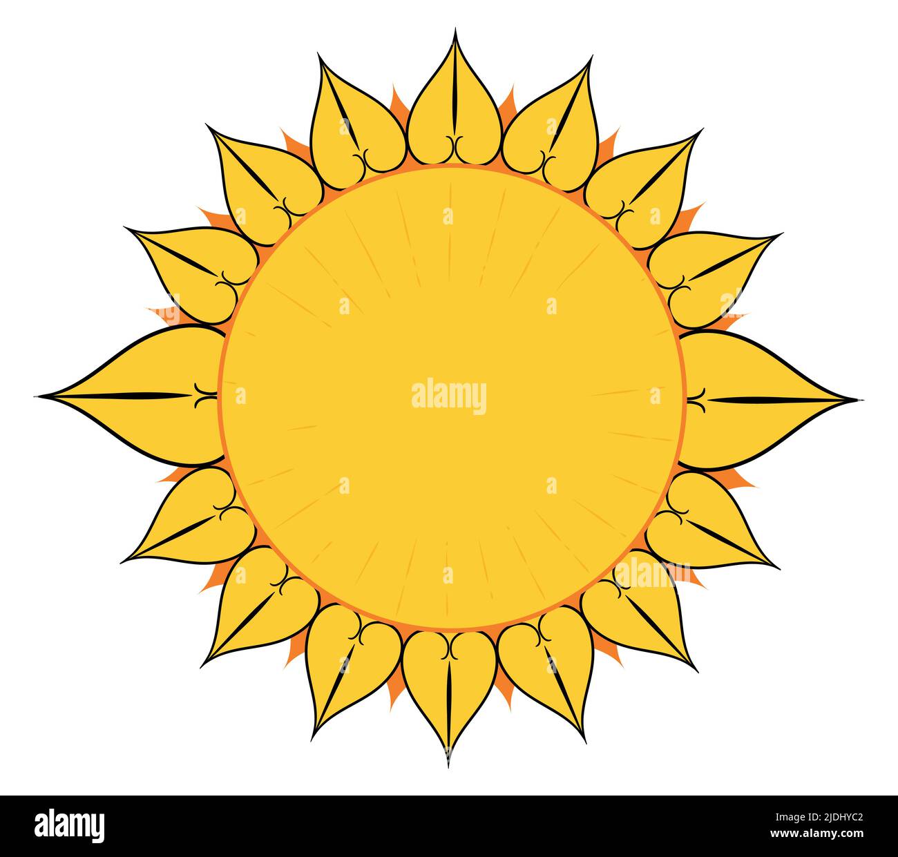 Pulsante rotondo come il sole e corona come fiamme o foglie di girasole. Concetto in stile piatto con contorni. Illustrazione Vettoriale