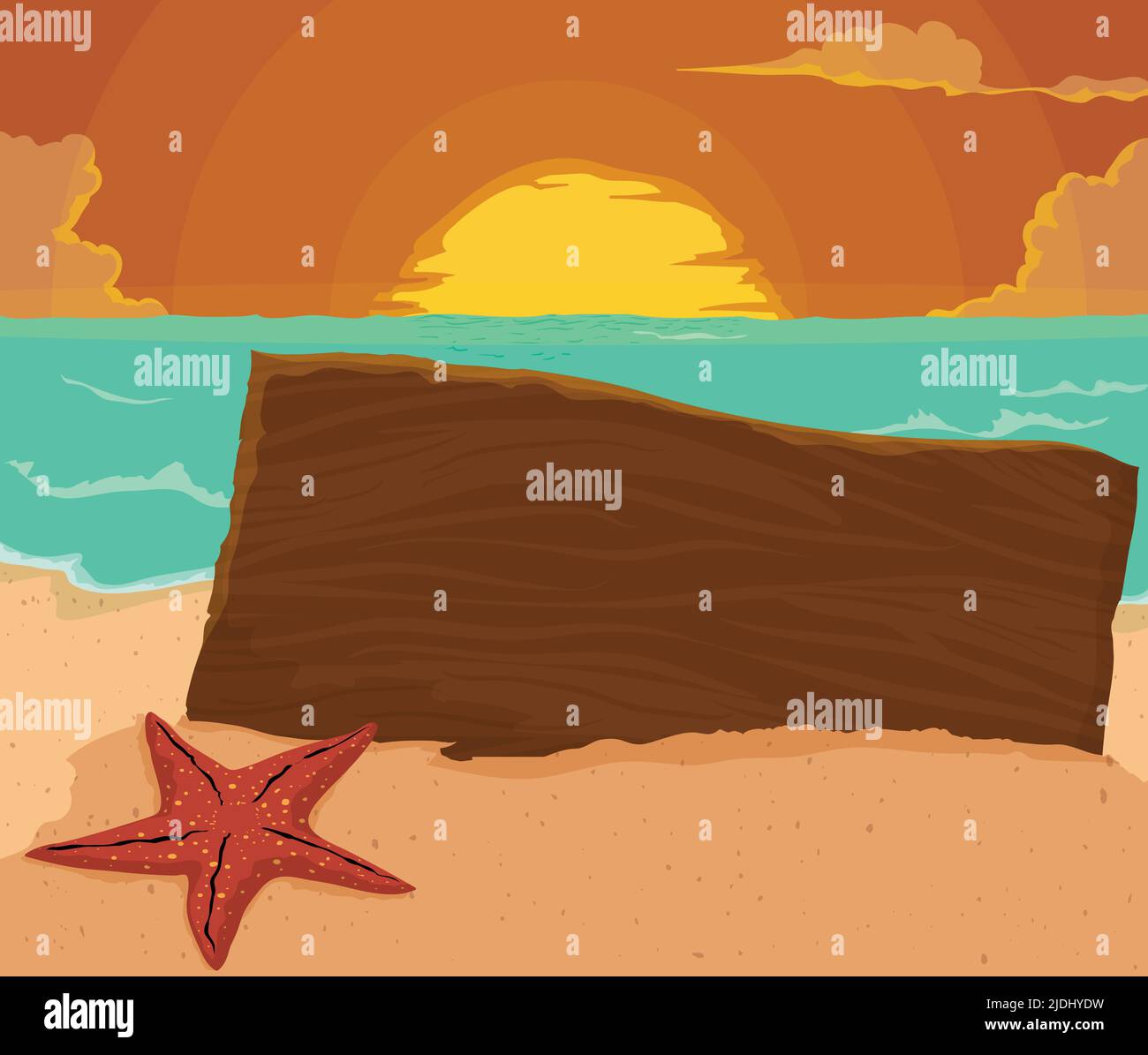 Scena estiva con vista al tramonto sulla spiaggia con sagoma in legno, stelle marine e cielo arancione. Illustrazione Vettoriale