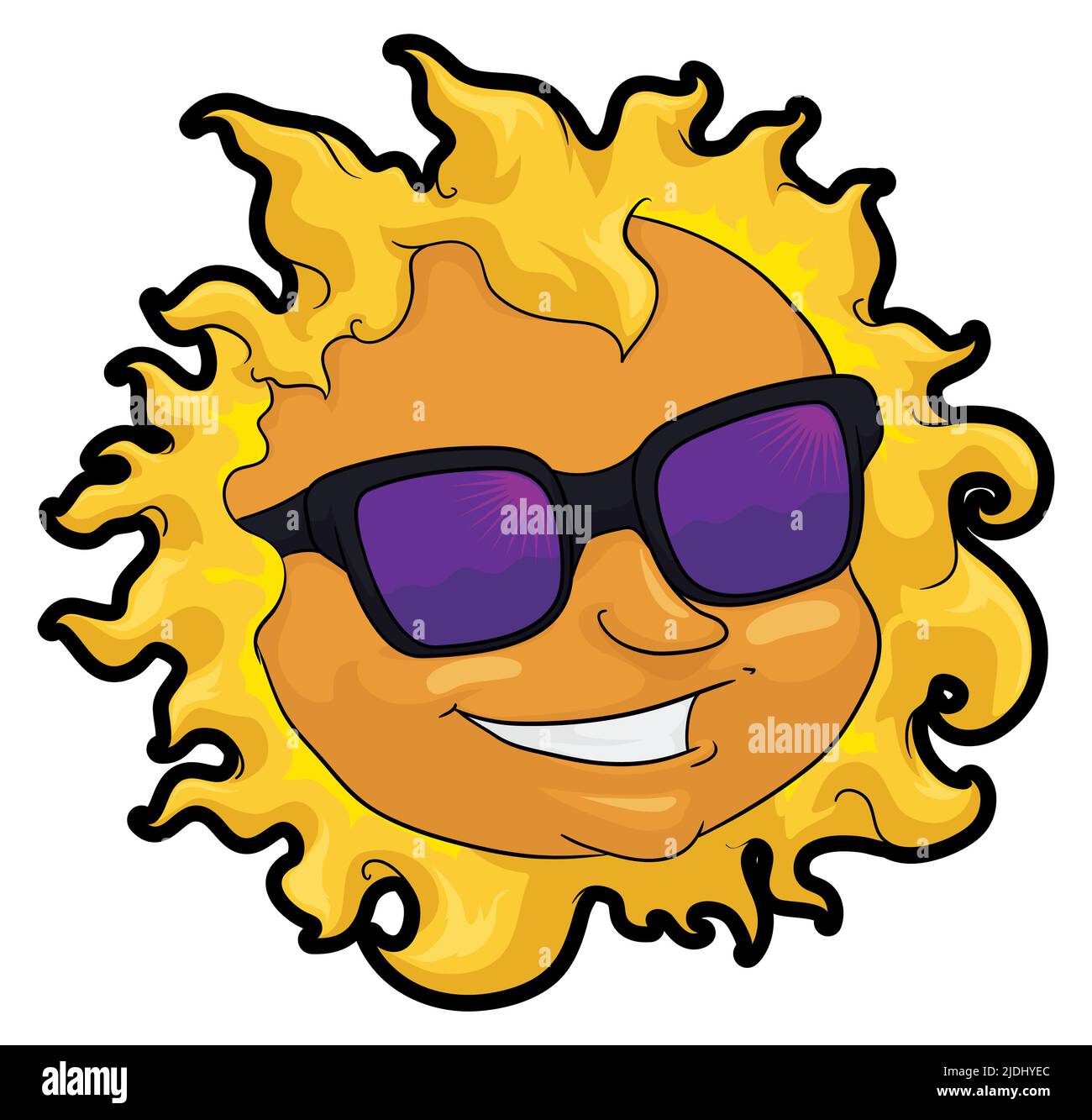 Sole incandescente con gesto fresco e rilassato durante l'estate. Design in stile cartoon e linee audaci. Illustrazione Vettoriale