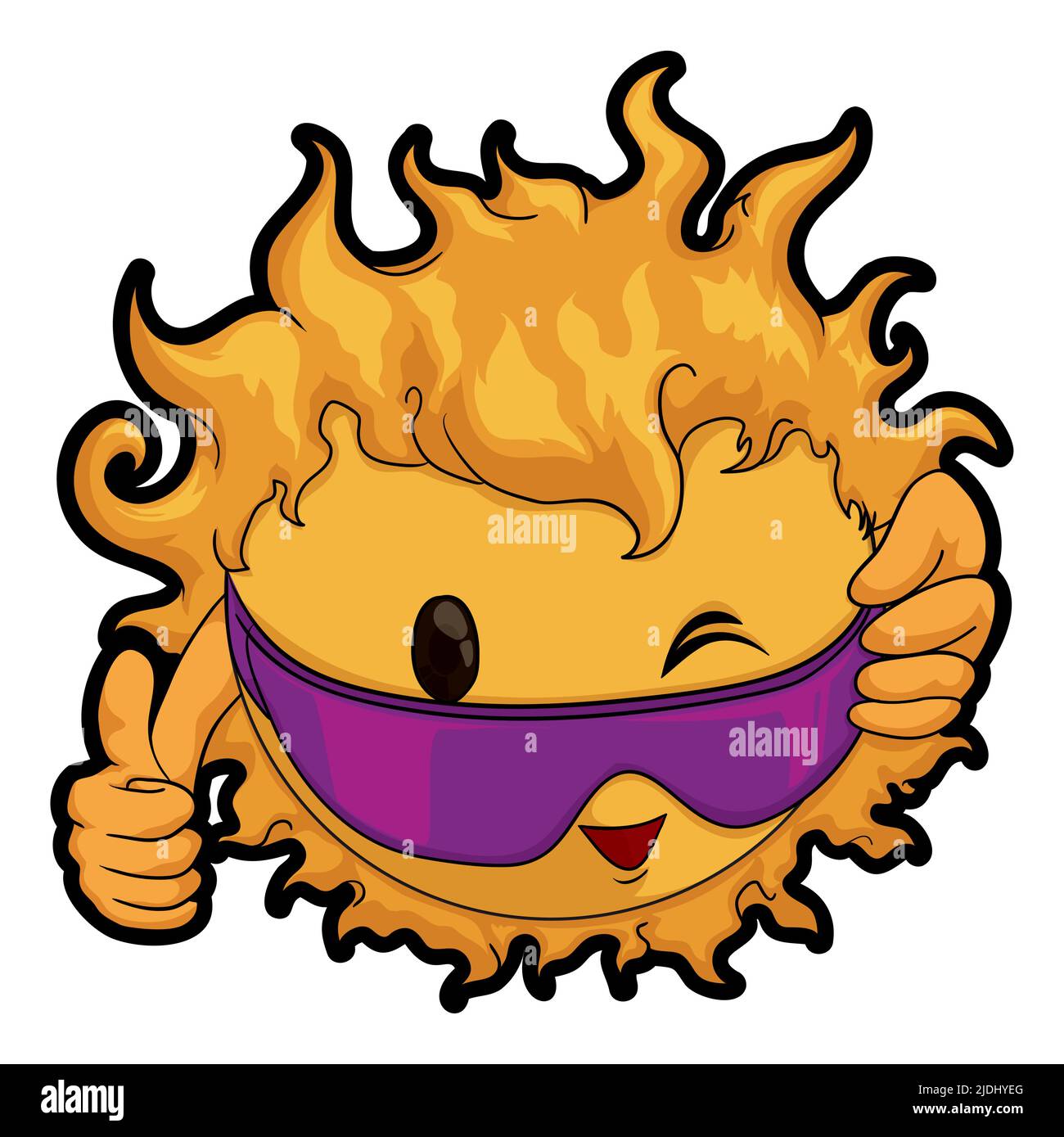 Sole carino e fresco, vagliando e salutando con il pollice su gesto durante l'estate. Design in stile cartoon su sfondo bianco. Illustrazione Vettoriale