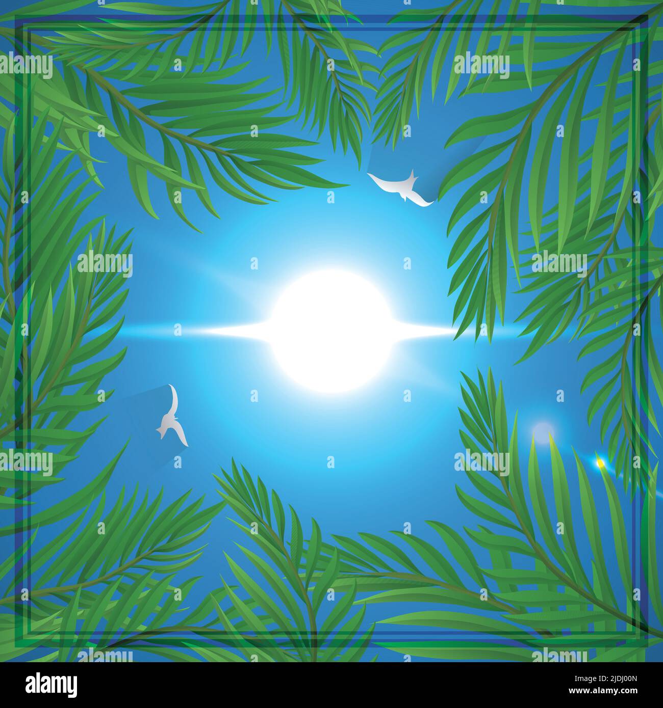 Bella scena quadrata con foglie di palma intorno ad esso, cielo blu, gabbiani volanti, sole luminoso e cornice. Illustrazione Vettoriale