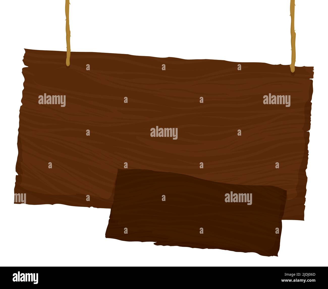 Modello di disegno in stile cartoon di un grande segno di legno appeso in una vecchia corda con altri più piccoli. Illustrazione Vettoriale