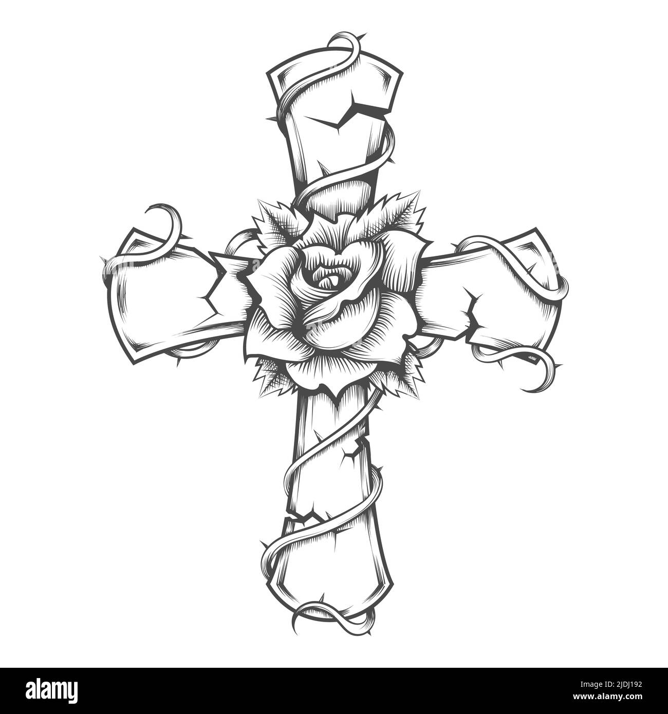 Tatuaggio di Stone Cross e Rose Flower isolato su bianco. Illustrazione vettoriale. Illustrazione Vettoriale