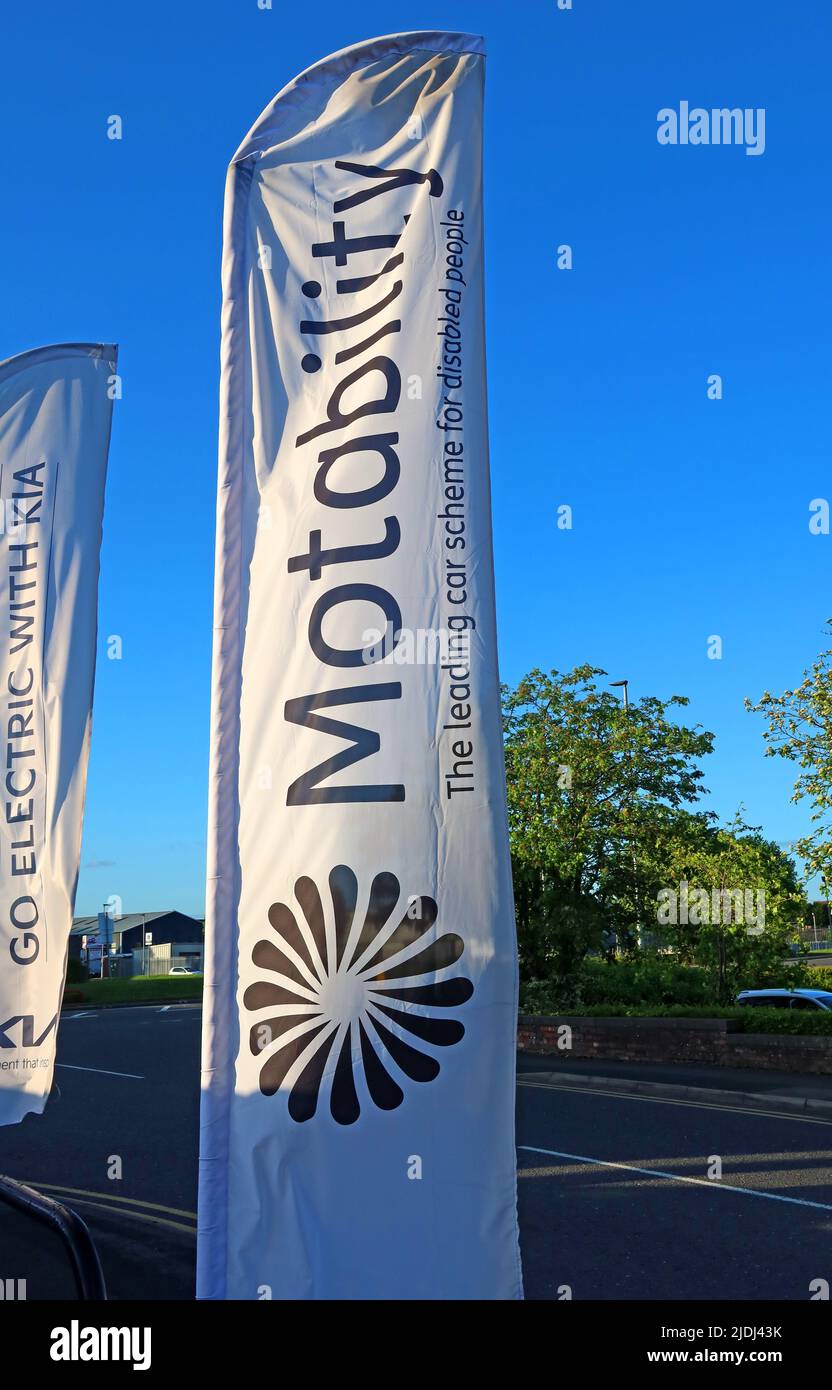 Cartello British Motability Scheme, nel centro di Warrington, Cheshire, Inghilterra, Regno Unito, WA1 Foto Stock