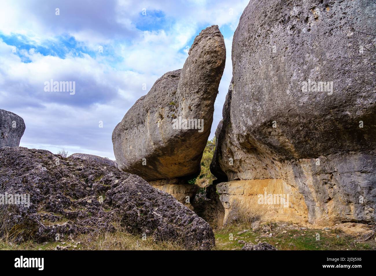 Forme whimsical di animali fatti con pietre enormi erose dal tempo. Città incantata di Cuenca. Foto Stock