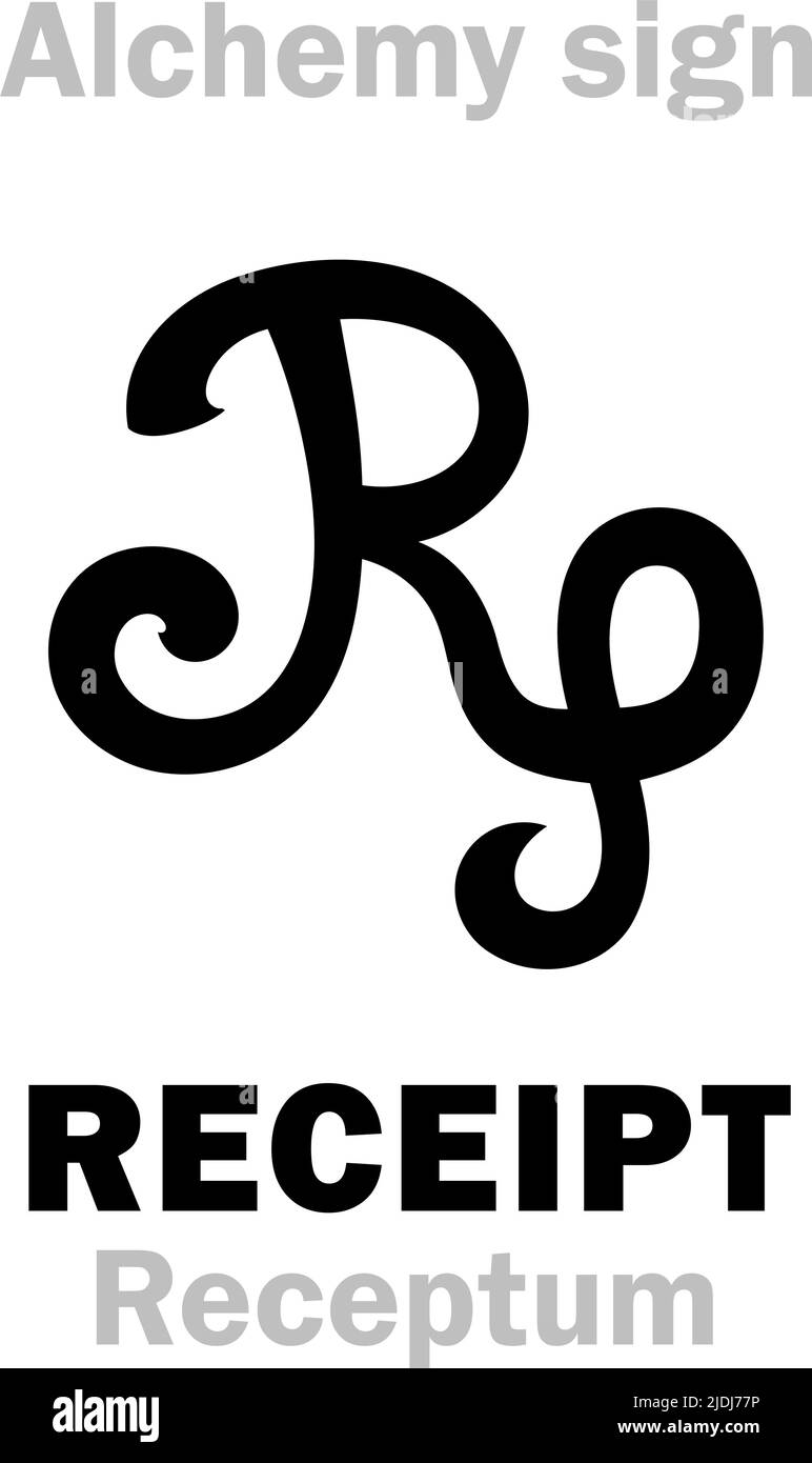 Alchemy Alphabet: RICETTA / obs.RECEIPT (Receptum < receipt), prescrizione — preparazione alchimica (Formula alchimica), prescrizione farmaceutica. Illustrazione Vettoriale