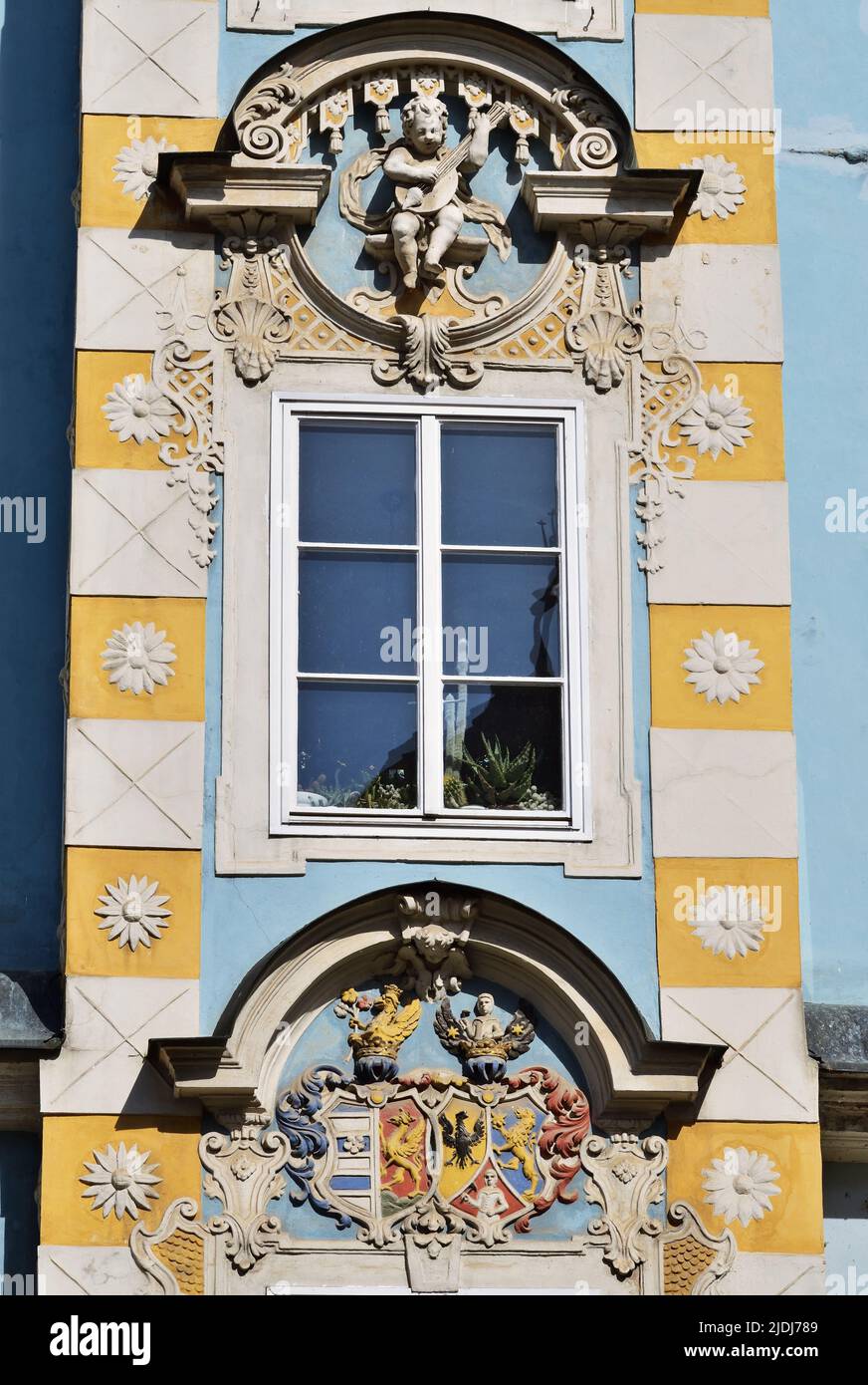 Casa stella, bella architettura barocca nel centro di Steyr, Austria, dettaglio Foto Stock