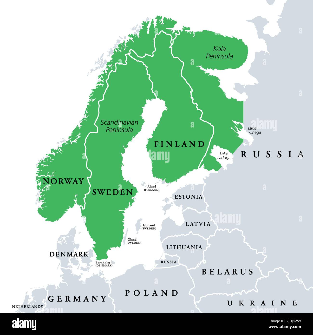 Fennoscandia, Penisola Fennoscandica, mappa politica. Penisola, comprendente le penisole scandinave e Kola, la terraferma della Finlandia, la Norvegia e la Svezia. Foto Stock