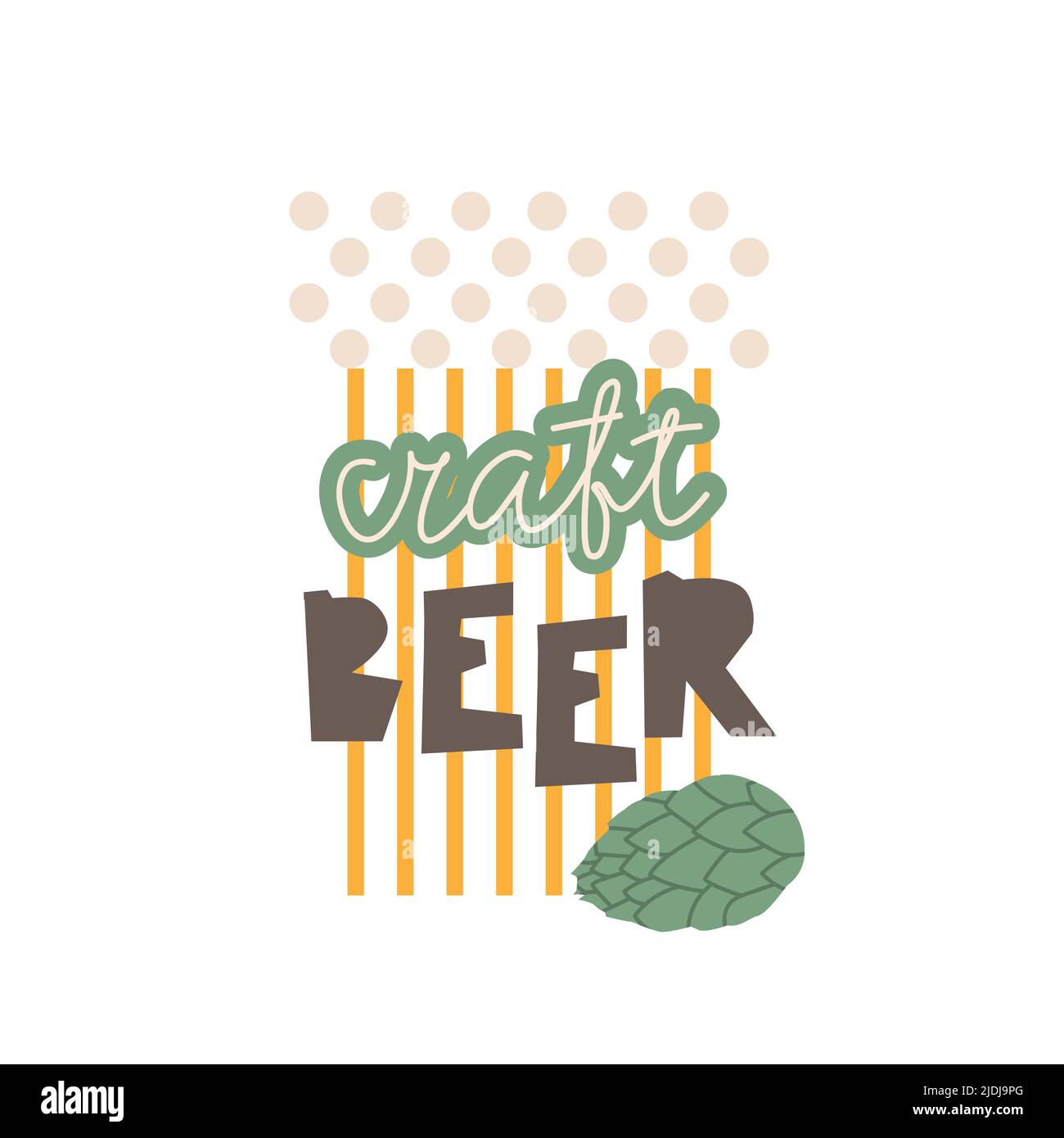 Logo semplice per birra artigianale. Illustrazione vettoriale piatta della tazza, del luppolo e della scritta della birra decorativa astratta. Design per una piccola birreria o festival della birra Illustrazione Vettoriale