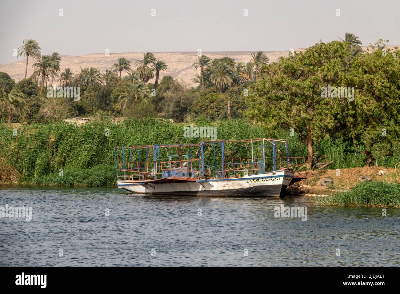 Un piccolo traghetto rurale locale per veicoli e passeggeri ormeggiato sulla riva del Nilo, con palme, alberi e piccole catene montuose sullo sfondo Foto Stock