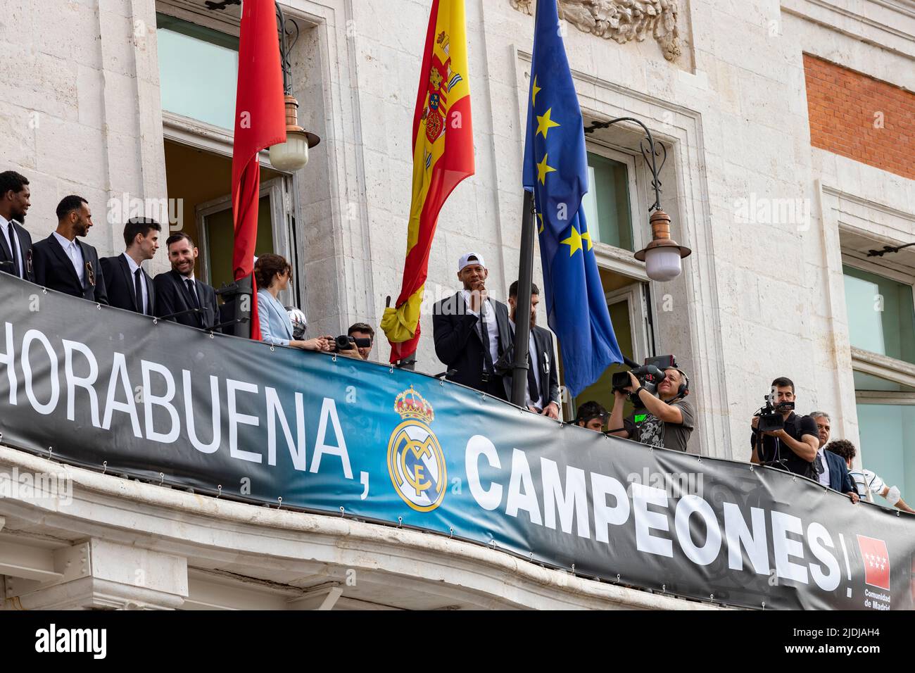 Real Madrid. Celebrazione. Celebrazione della squadra di pallacanestro di Madrid nella Coppa del campionato. Giocatori come Rudy Fernández o Sergio Llull. Foto Stock