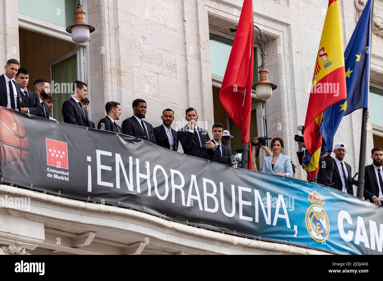 Real Madrid. Celebrazione. Celebrazione della squadra di pallacanestro di Madrid nella Coppa del campionato. Giocatori come Rudy Fernández o Sergio Llull. Foto Stock