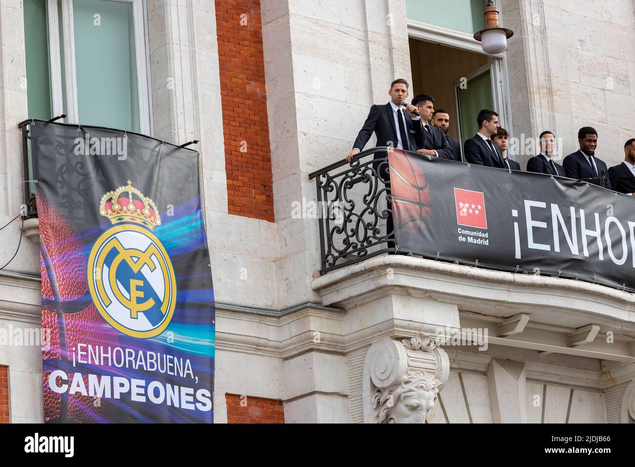 Real Madrid. Celebrazione. Celebrazione della squadra di pallacanestro di Madrid nella Coppa del campionato. Giocatori come Rudy Fernández o Sergio Llull. Foto Stock