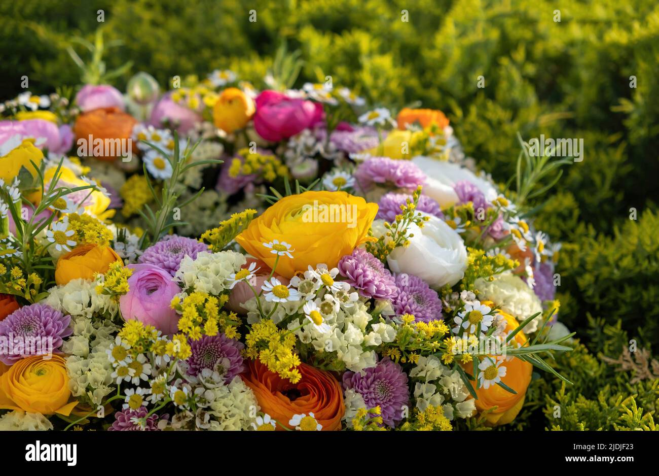 Freschi fiori e erbe selvatiche colorate, giardino natura, primavera. Vista ravvicinata della corona di fiori. Bouquet per la festa delle donne o delle madri Foto Stock