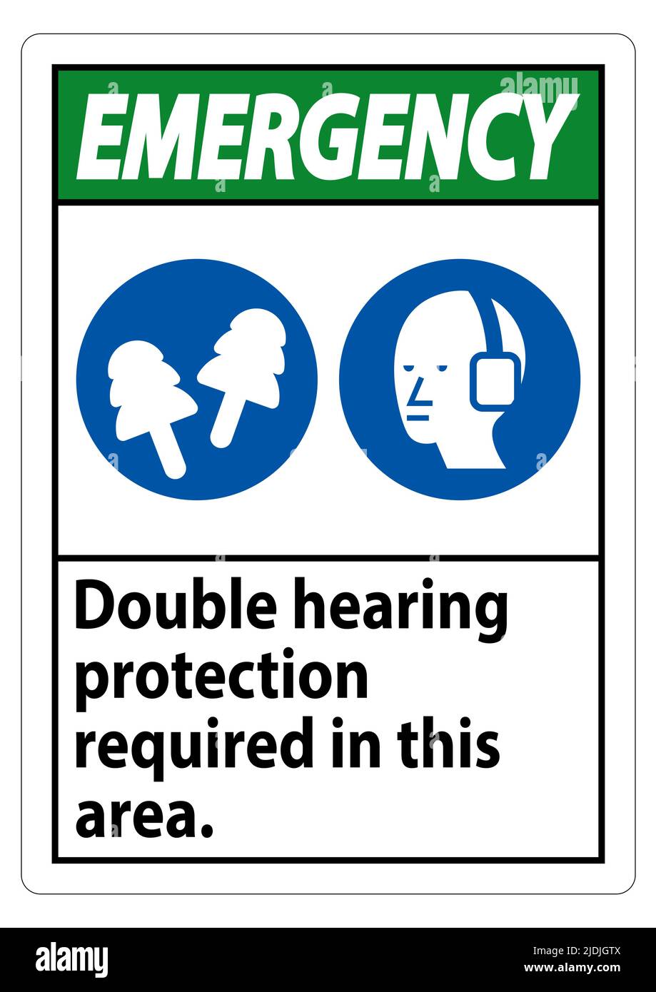 Cartello di emergenza in quest'area è richiesta la doppia protezione acustica con cuffie antirumore e tappi per orecchie Illustrazione Vettoriale