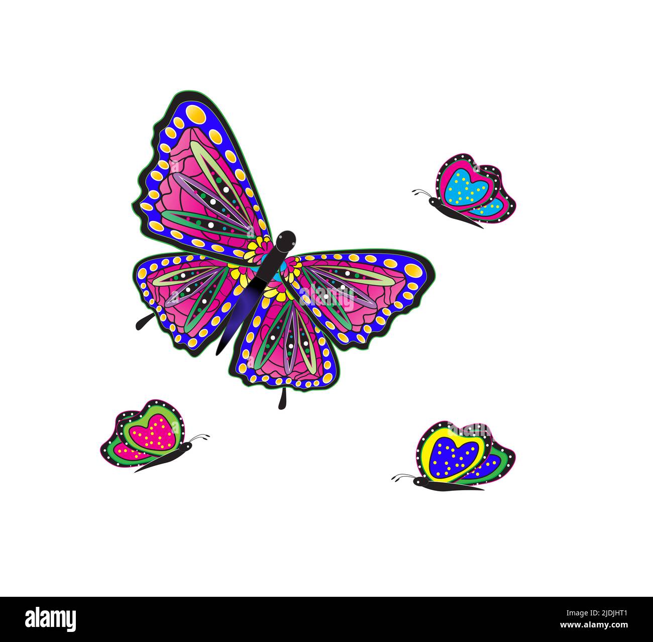 Illustrazione grafica di Butterfly grassetto brillante in colori vivaci Foto Stock
