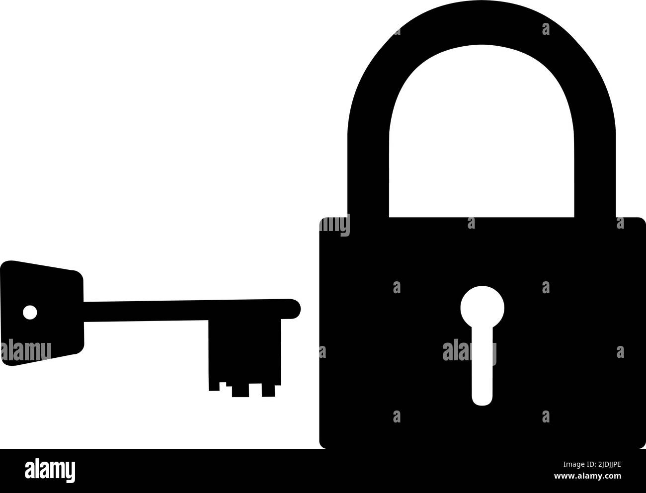 Illustrazione vettoriale dell'icona della silhouette nera di una chiave e di un lucchetto Illustrazione Vettoriale