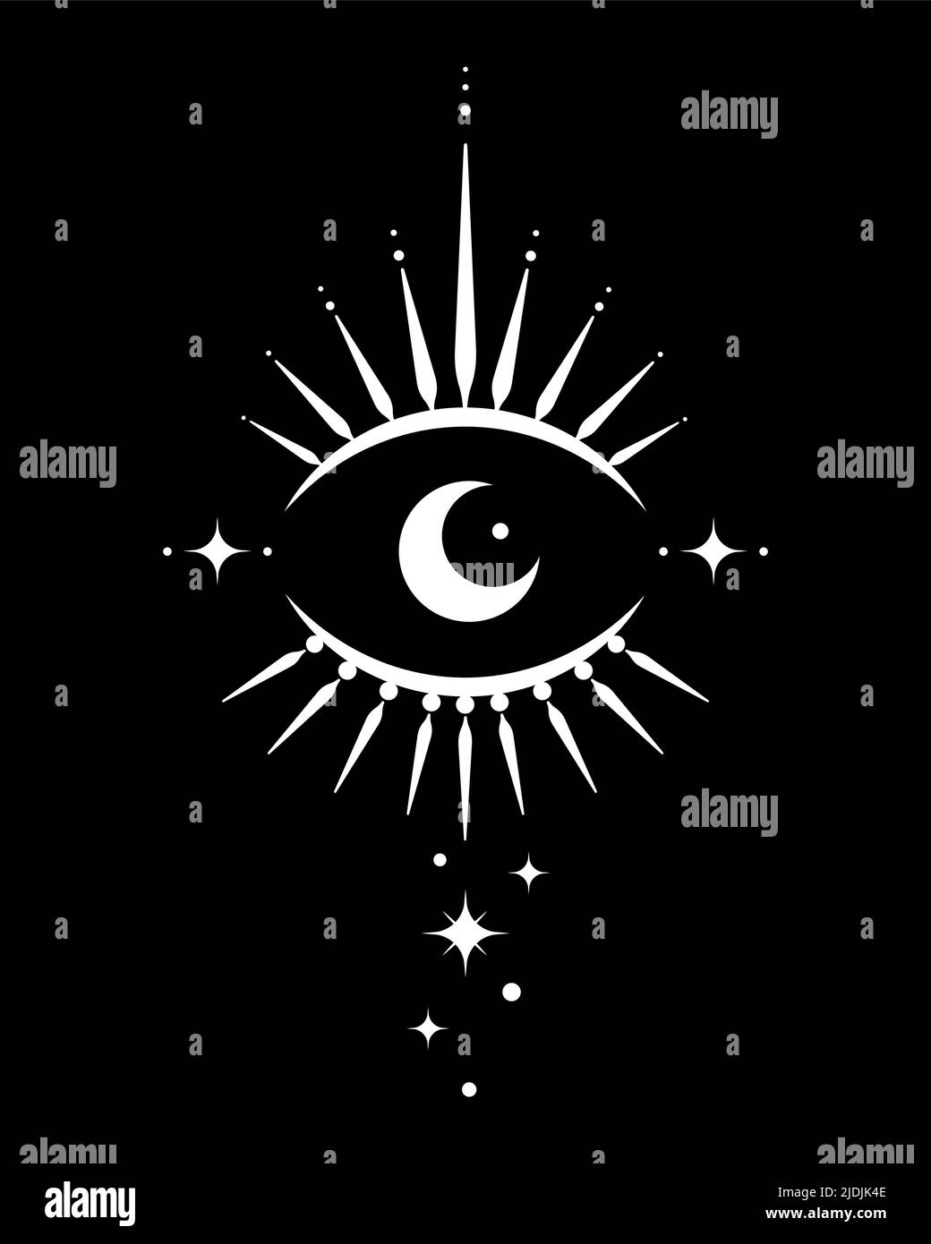 Occhio sacro, luna a mezzaluna magica in stile boho, tatuaggio vettoriale bianco isolato su sfondo nero. Icona del logo boemo, elemento di alchimia di design geometrico Illustrazione Vettoriale