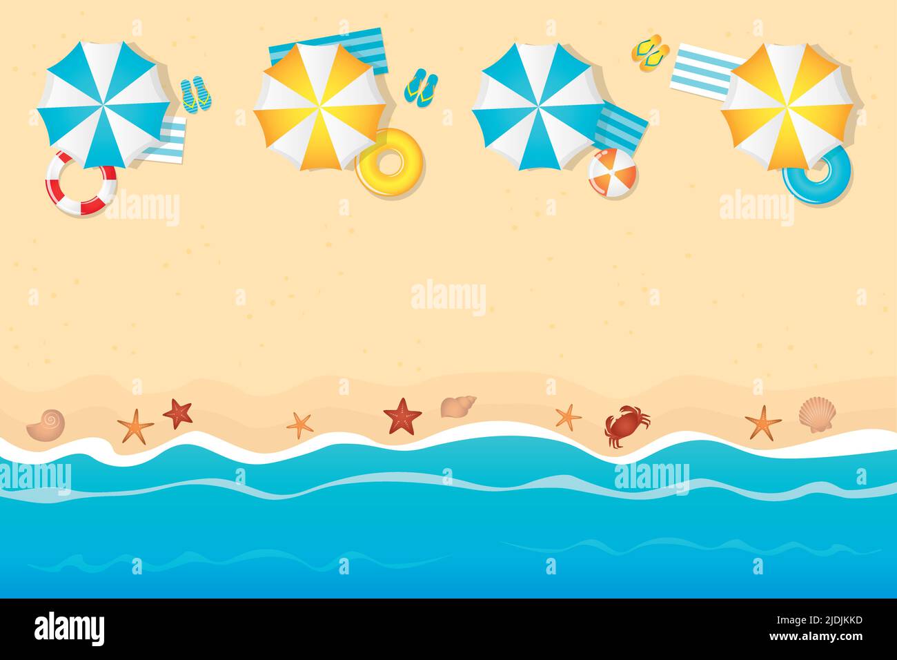 vacanza estiva sulla spiaggia turistica con ombrellone e flip flop Illustrazione Vettoriale