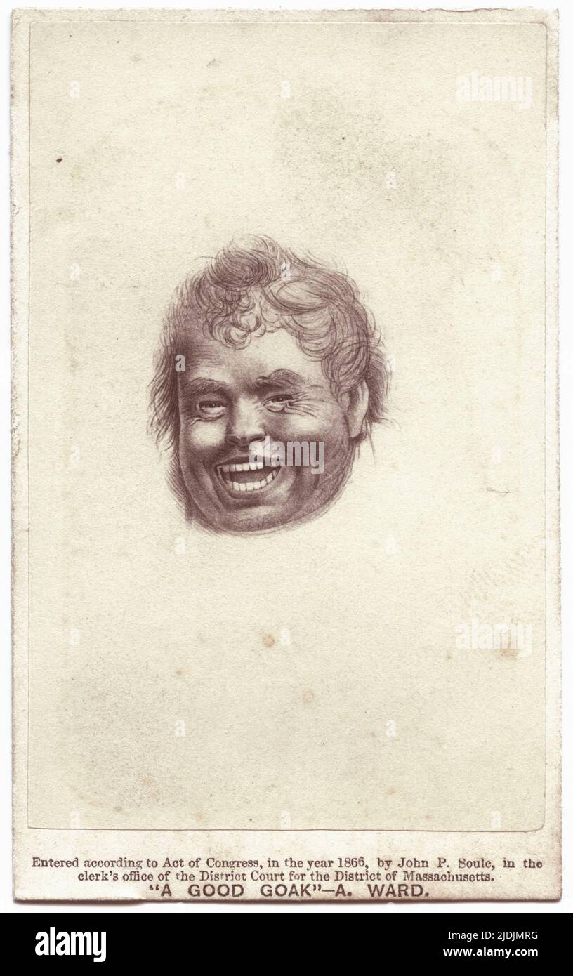 Carte de visite di un disegno del volto di un uomo ridente, 1866. La didascalia recita 'inserito secondo l'atto del Congresso, nell'anno 1866, da Giovanni. P. Soule, nell'ufficio dell'impiegato del Tribunale Distrettuale per il Distretto del Massachusetts. 'Un buon Goak' A. Ward.' Fotografia di John P. Soule (1828 - 1904), basata su un'opera di Artemus Ward (1834 - 1867) Foto Stock