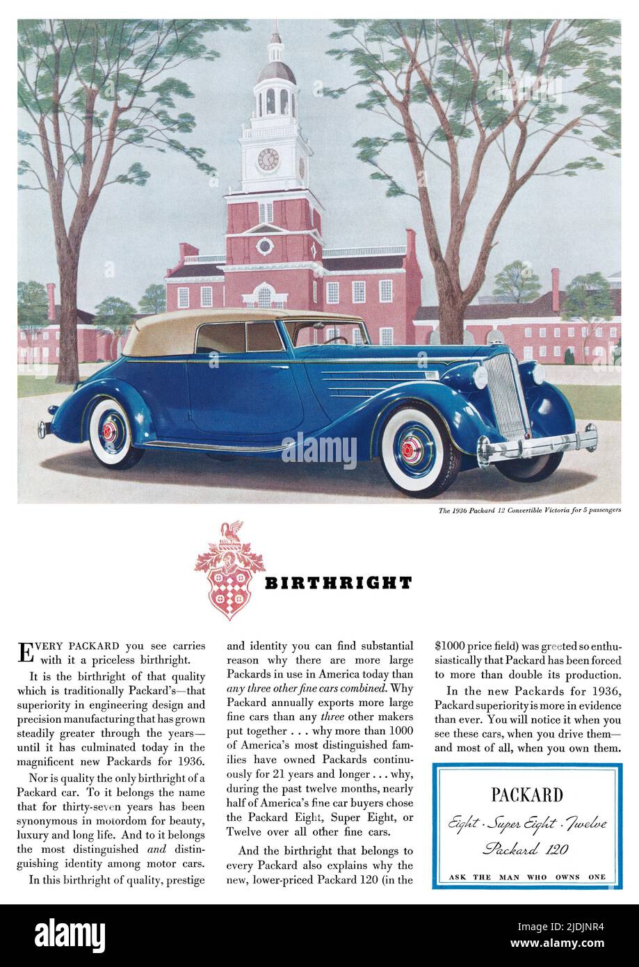 1936 pubblicità statunitense per le automobili Packard, che mostra un'illustrazione della Packard 12 Convertible Victoria. Foto Stock