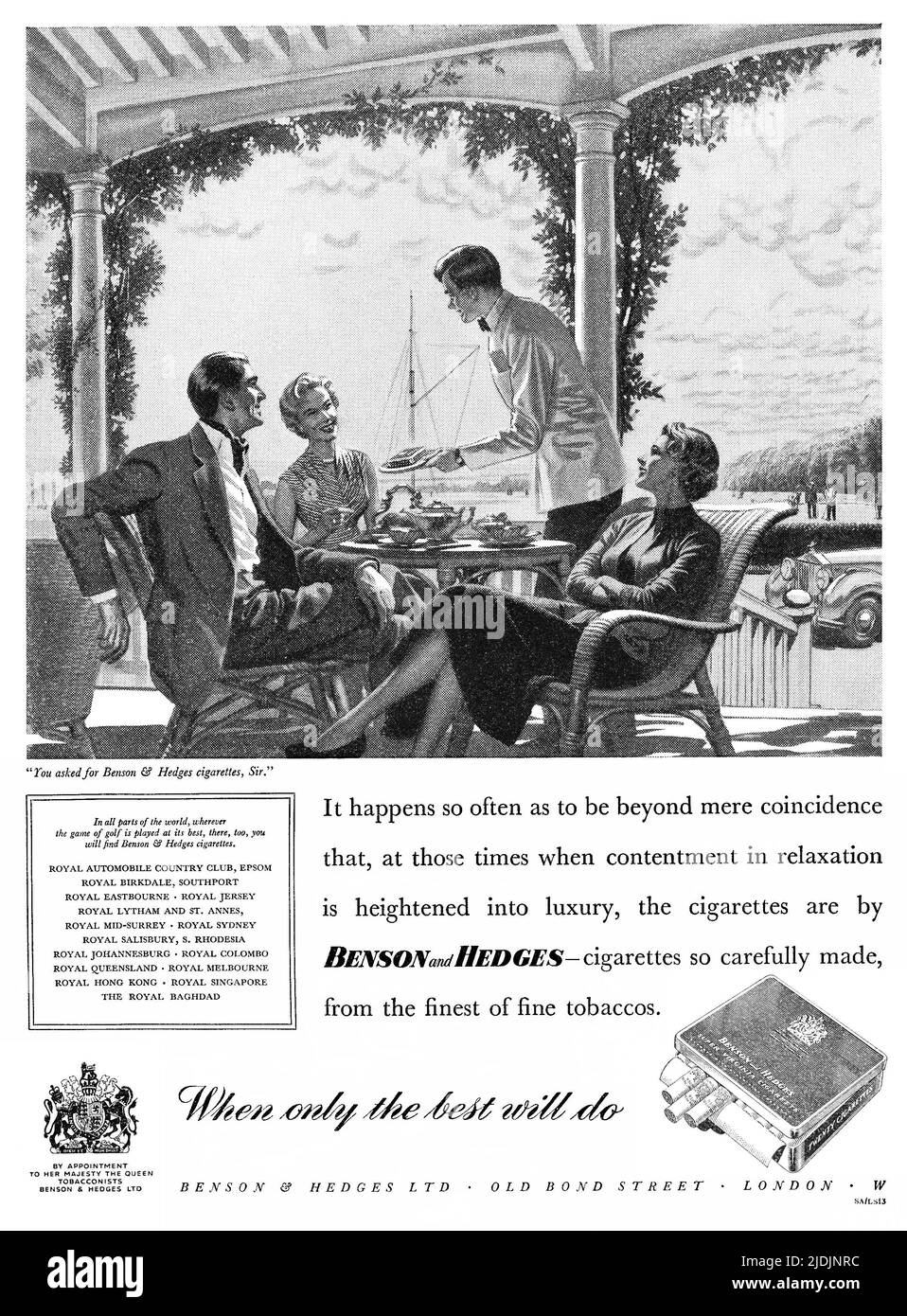 1950s Pubblicità britannica per sigarette Benson e Hedges. Foto Stock