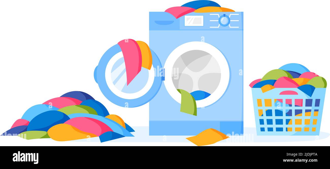 Mucchio di vestiti sporchi sul pavimento e nel cestino della lavanderia. Lavatrice e bottiglia di detergente liquido. Mucchio di panno sporco. Accatastati capi sporchi Illustrazione Vettoriale