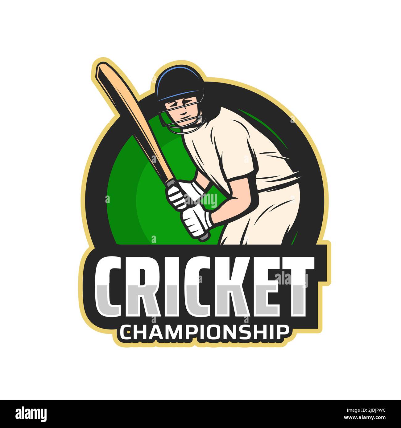 Icona del giocatore di cricket del club sportivo e della partita di campionato. Gioco di cricket battitore con pipistrello, casco, guanti e maglia uniforme isolato simbolo rotondo, sportivo concorrenza vettore design Illustrazione Vettoriale