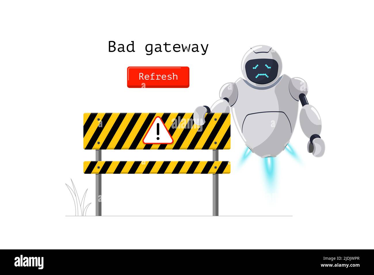 Pagina del sito Web del gateway non valida. Codice di stato errore HTTP 502. Risultato errato del Internet con il banner del carattere del robot preoccupato di oops. Chatbot mascot su modello di web design. Informazioni eps illustrazione vettoriale di errore HTTPS Illustrazione Vettoriale