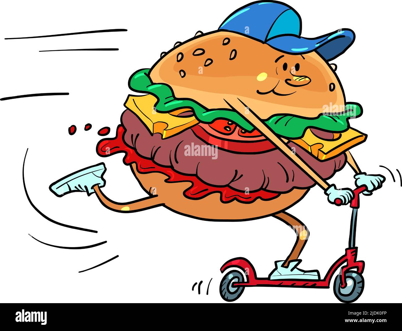 Il personaggio dell'hamburger sportivo è a bordo di uno scooter. Fumetto stile di vita attivo Illustrazione Vettoriale