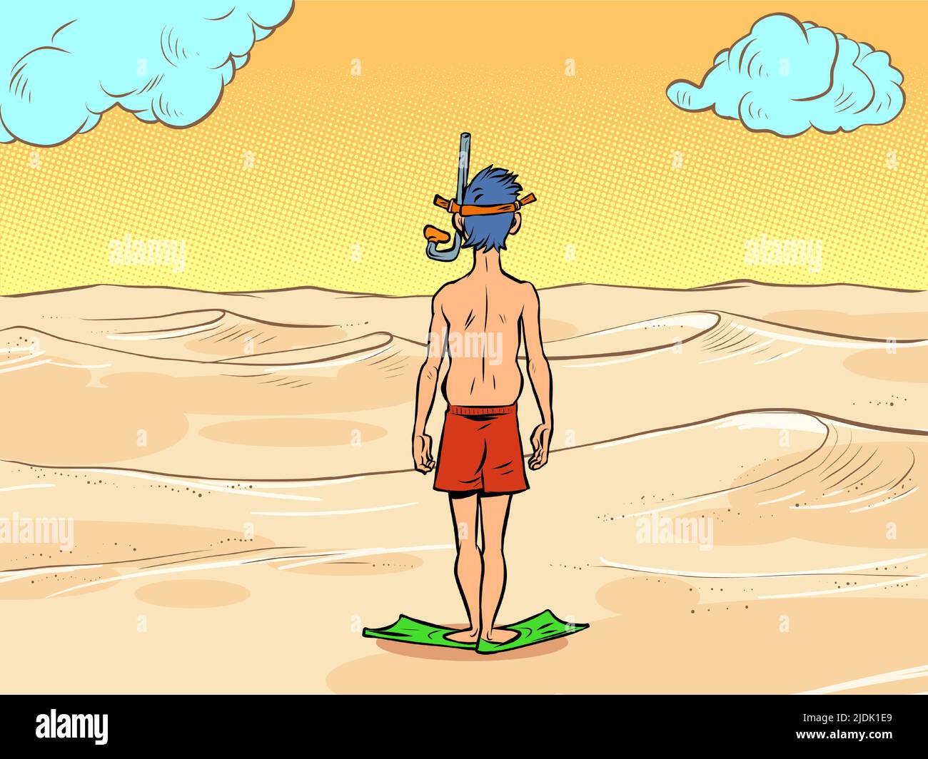 un uomo in una maschera subacquea si trova di fronte alle sabbie del deserto, non c'è acqua. Concetto di ecologia del riscaldamento globale Illustrazione Vettoriale