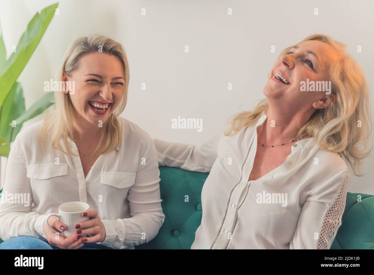 Primo piano ripresa interna in un appartamento di due blonde belle donne milleniali indossando bianche eleganti bluse ridendo duro. Foto di alta qualità Foto Stock