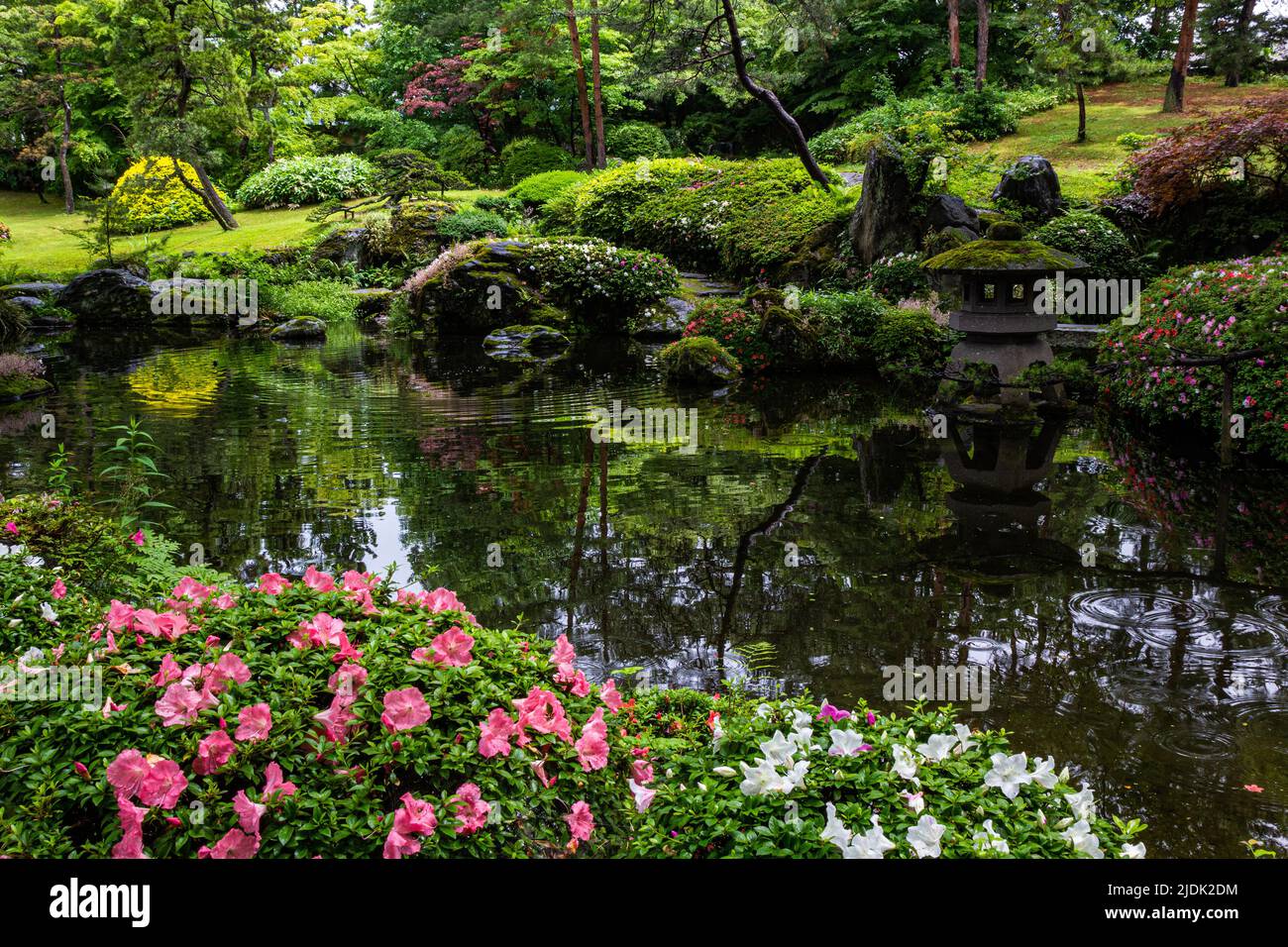 Unrei-an è un giardino giapponese che si trova all'interno della distilleria di sake Aizu Homare Shuzo. Il giardino è stato creato durante il periodo Showa. Questo g Foto Stock