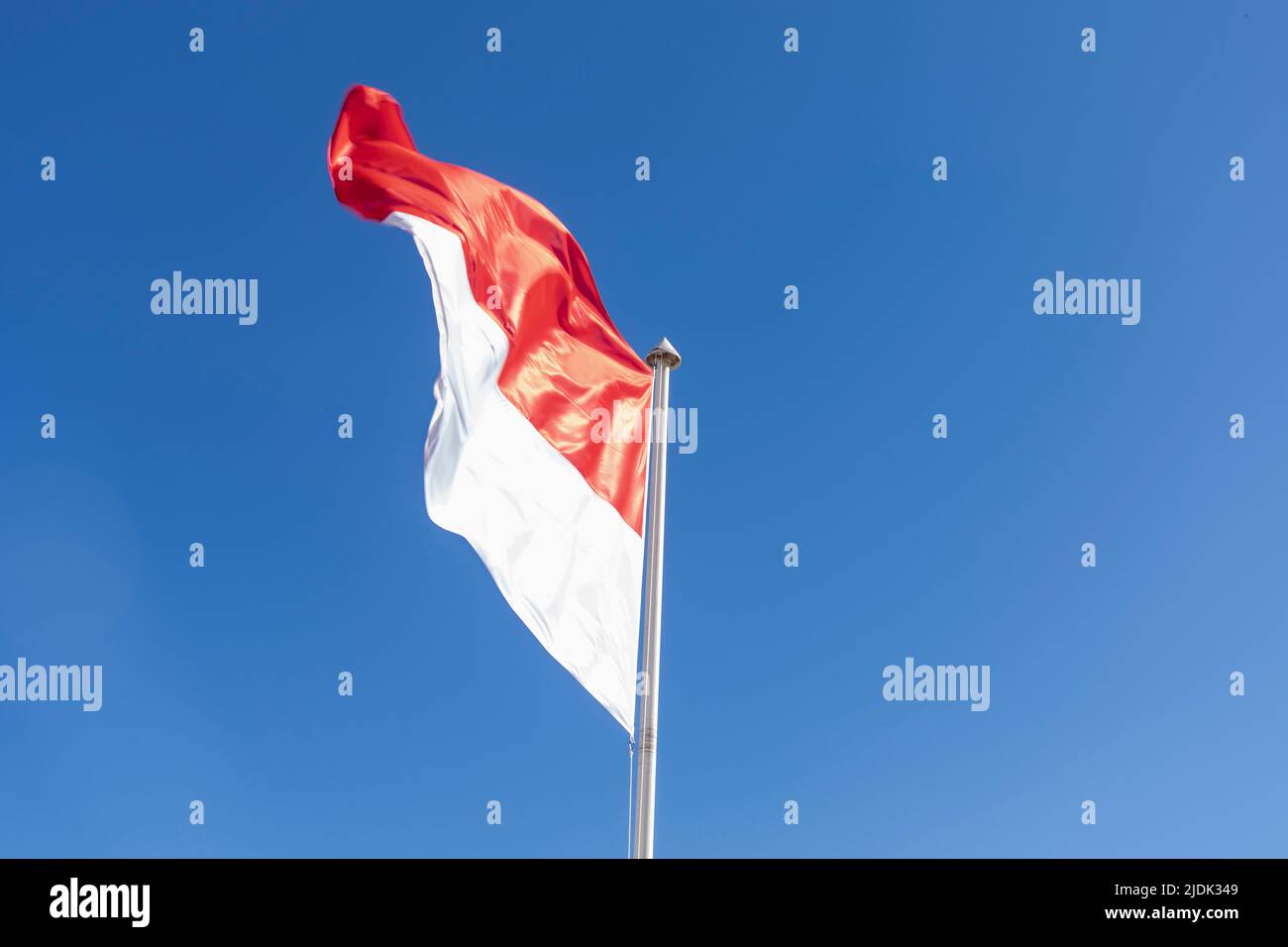 Bandiera nazionale del Principato di Monaco che sventola contro il cielo blu. Vista bassa. Spazio di copia. Foto Stock