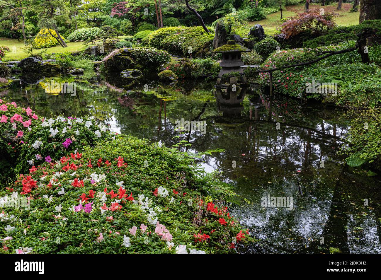 Unrei-an è un giardino giapponese che si trova all'interno della distilleria di sake Aizu Homare Shuzo. Il giardino è stato creato durante il periodo Showa. Questo g Foto Stock
