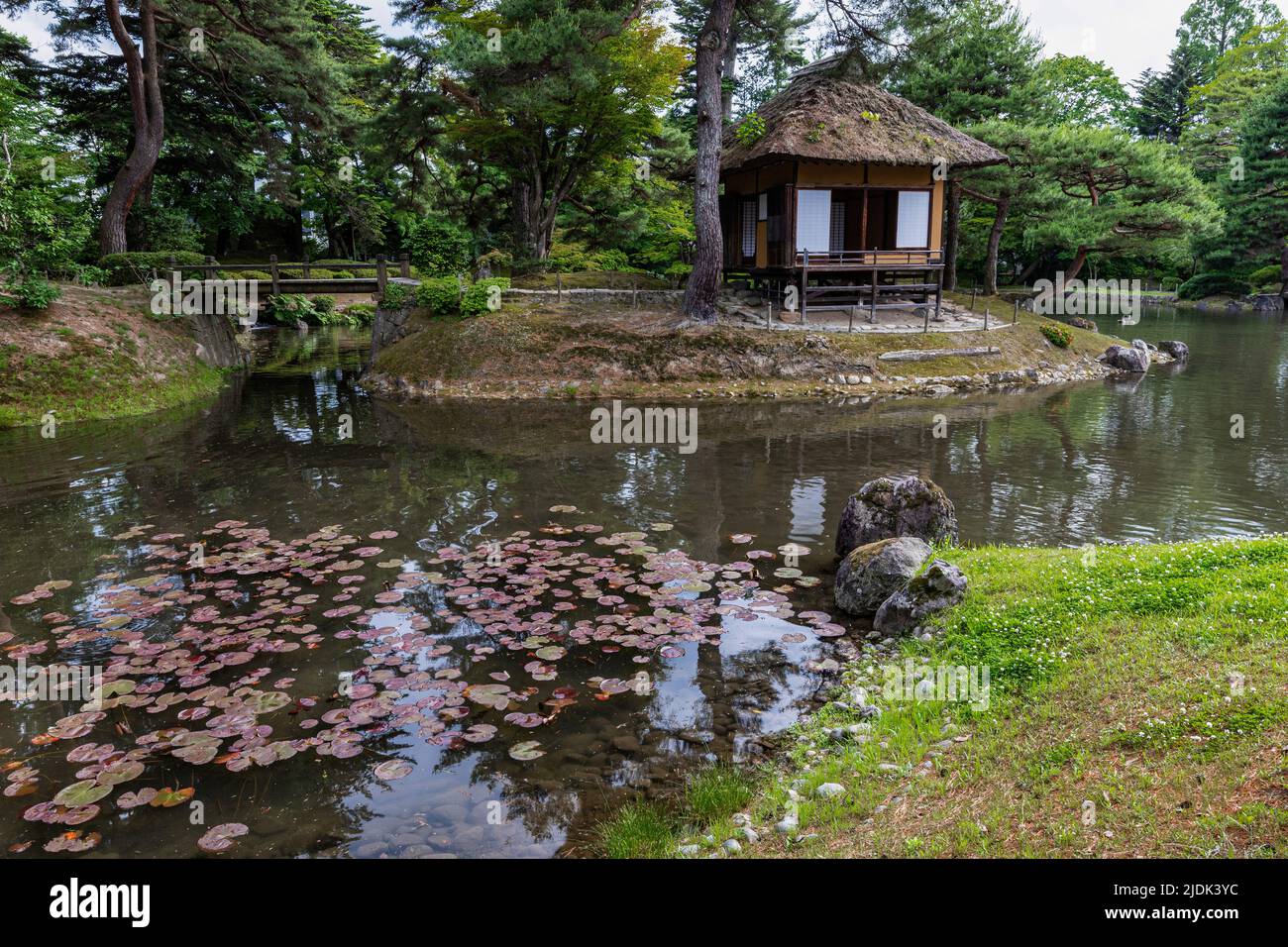 Il giardino di Oyakuen è stato costruito dai signori feudali di Aizu - questi erano giardini medicinali per dominio di Aizu. Il suo nome deriva dallo stile del circuito garde Foto Stock